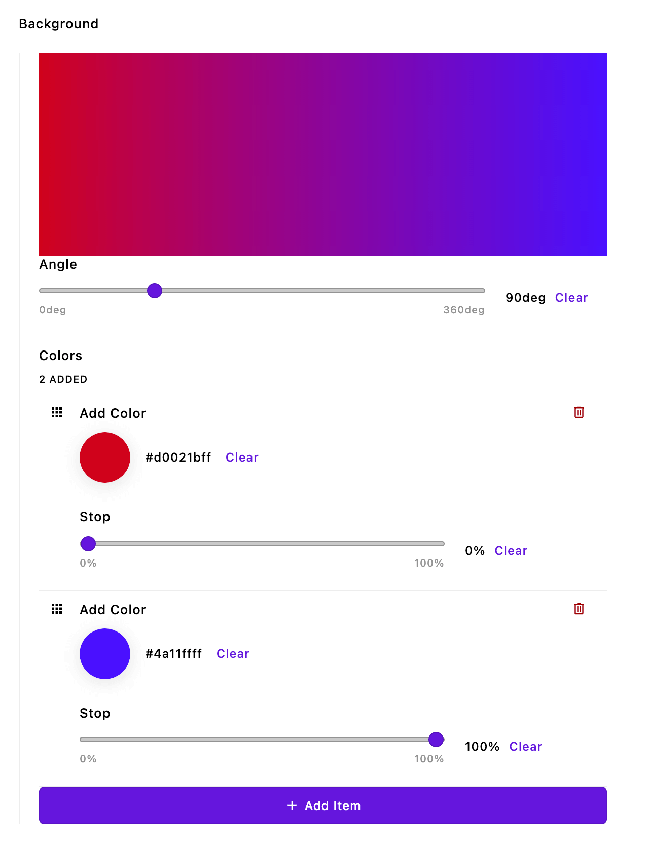 Screenshot of the custom color gradient picker schema field in the editor