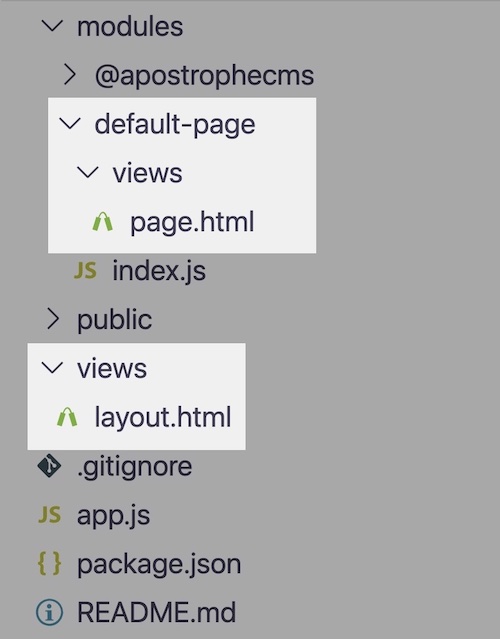 Screenshot of a file directory highlighting a default-page module views directory and the global views directory